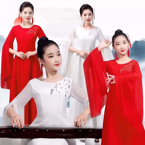 Adult Kids fairy hanfu Guzheng performance dresses red white female girls flowing chorus dance costumes chineses folk water sleeve performance wear